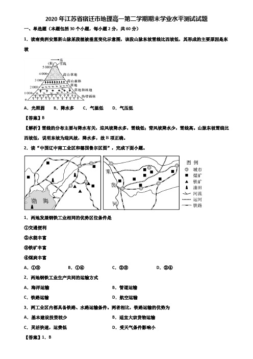 2020年江苏省宿迁市地理高一第二学期期末学业水平测试试题含解析