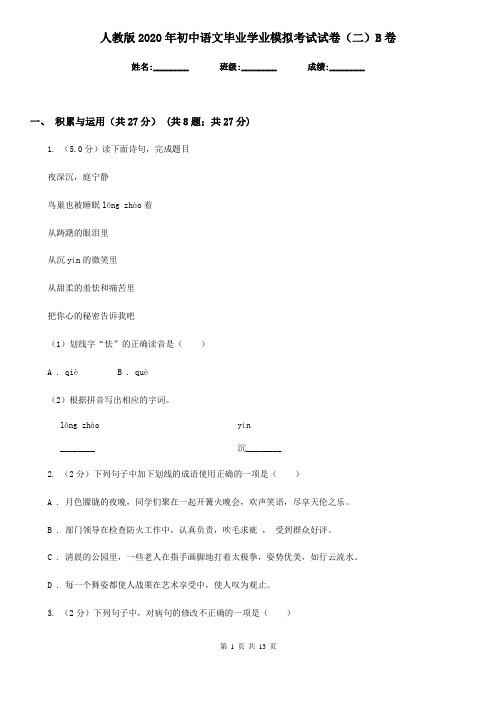 人教版2020年初中语文毕业学业模拟考试试卷(二)B卷