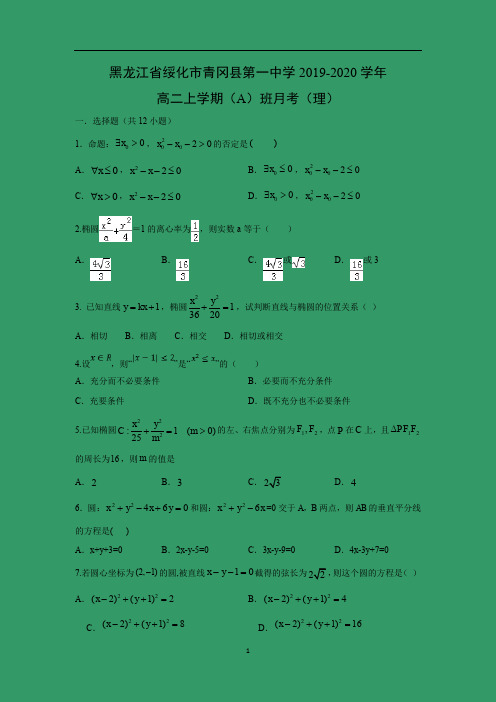 【数学试卷】黑龙江省绥化市青冈县第一中学2019-2020学年高二上学期(A)班月考(理)