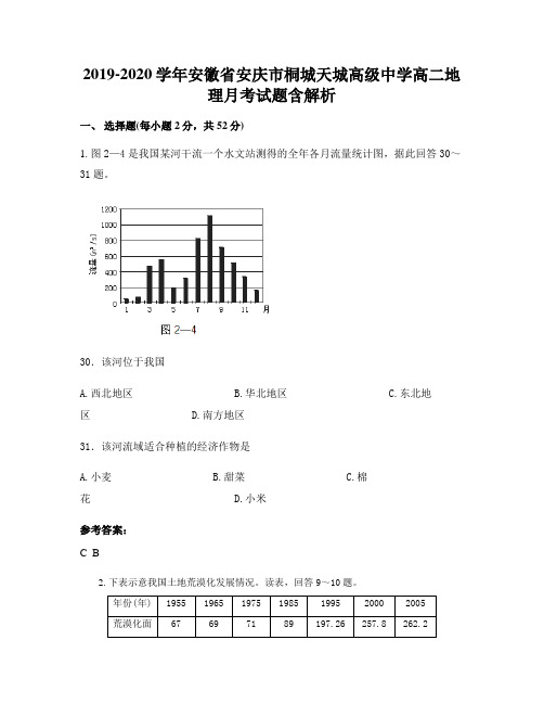 2019-2020学年安徽省安庆市桐城天城高级中学高二地理月考试题含解析