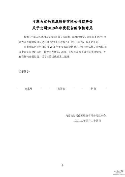 远兴能源：监事会关于公司2019年年度报告的审核意见