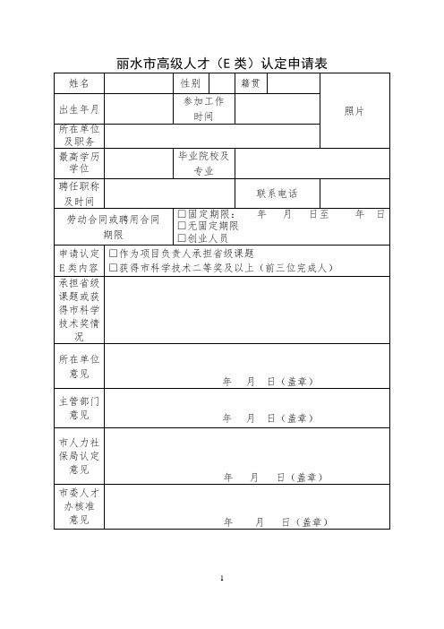 丽水高级人才E类认定申请表