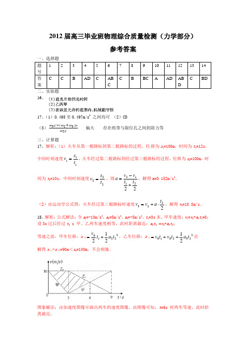 2012届高三毕业班物理综合质量检测(力学部分)参考答案