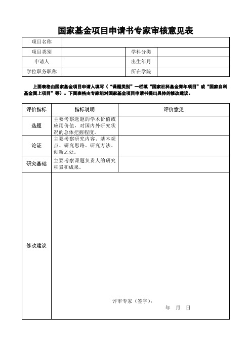 国家基金项目申请书专家审核意见表