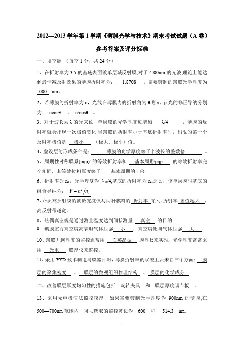 《薄膜光学与技术》2012期末考试试题A-答案
