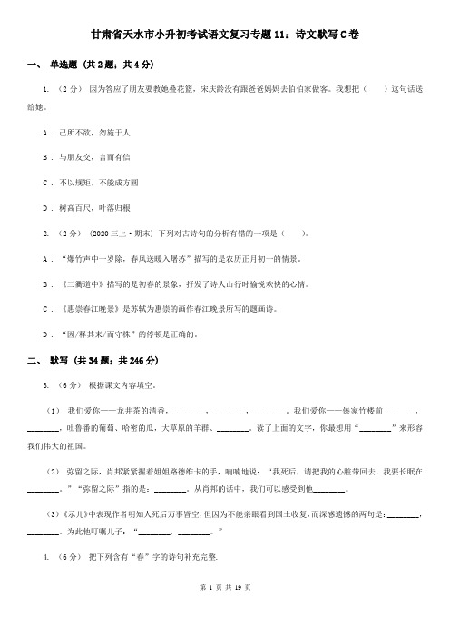 甘肃省天水市小升初考试语文复习专题11：诗文默写C卷