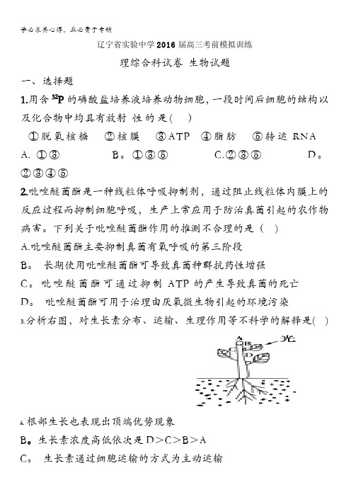 辽宁省实验中学2016届高三考前模拟训练理科综合生物试题 含答案