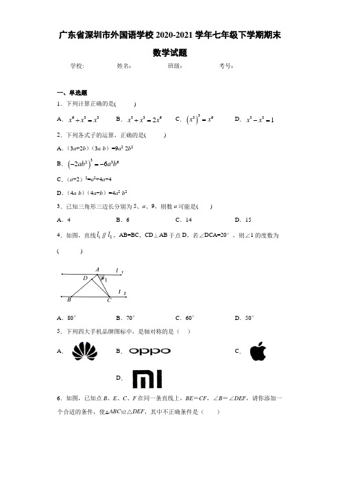 广东省深圳市外国语学校2020-2021学年七年级下学期期末数学试题