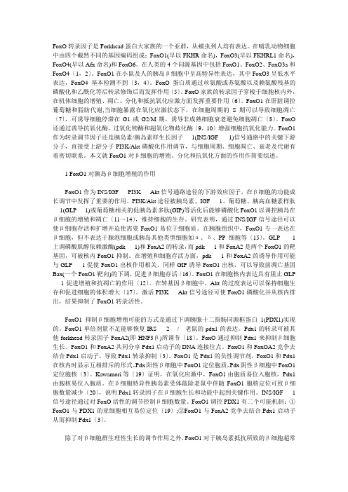 叉头转录因子FoxO1对β细胞生物学作用的