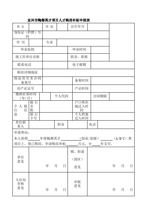 宜兴市陶都英才项目人才购房补贴申报表