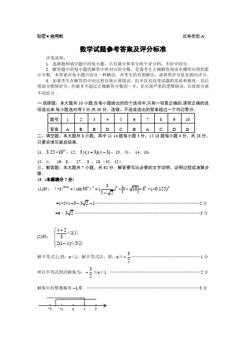 2014年东营市中考数学试题答案