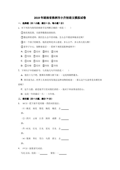 六年级下册语文试题--2019年湖南省株洲市小升初语文模拟试卷人教新课标(含答案)