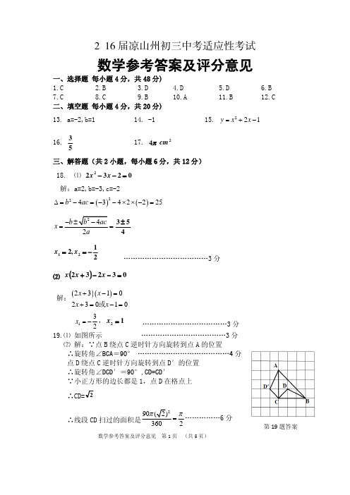 2016年凉山州初三中考适应性考试题 数学答案