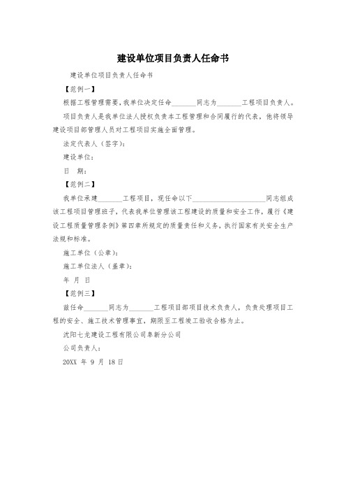 建设单位项目负责人任命书