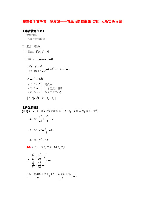 高三数学高考第一轮复习——直线与圆锥曲线(理)人教实验A版 知识精讲