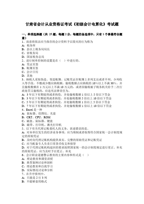 甘肃省会计从业资格证考试《初级会计电算化》考试题