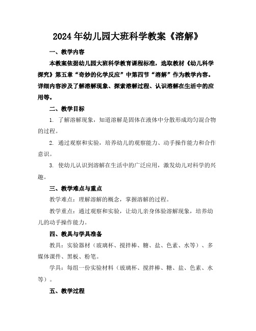 2024年幼儿园大班科学教案《溶解》