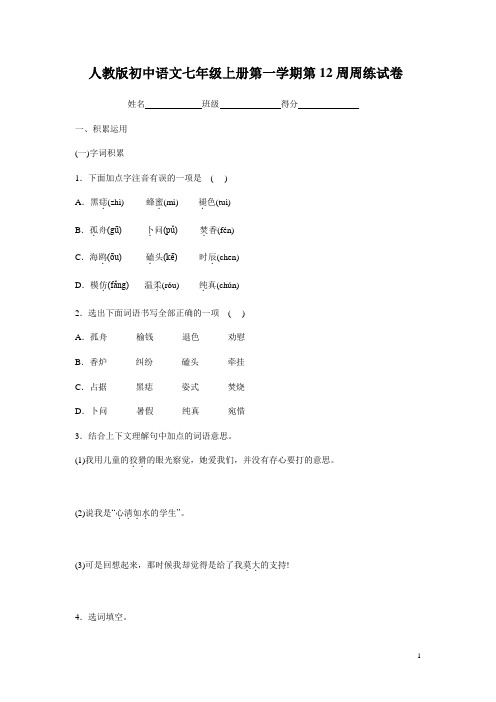 人教版初中语文七年级上册第一学期第12周周练试卷