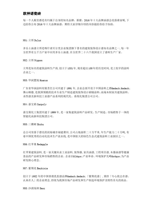 2016年品牌油漆