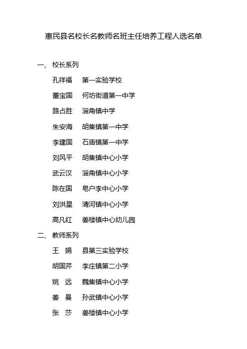 惠民县名校长名教师名班主任培养工程人选名单