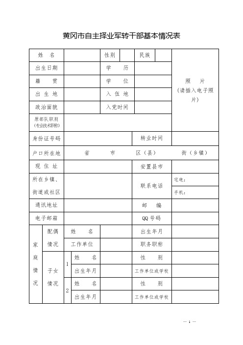 黄冈市自主择业军转干部基本情况表【模板】
