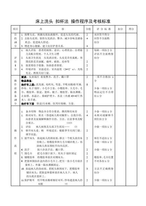 二、床上洗头_扣杯法_操作程序及考核标准