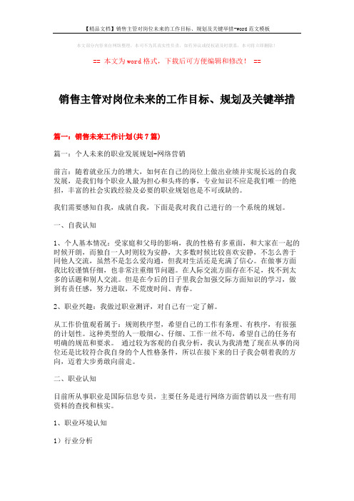 【精品文档】销售主管对岗位未来的工作目标、规划及关键举措-word范文模板 (16页)