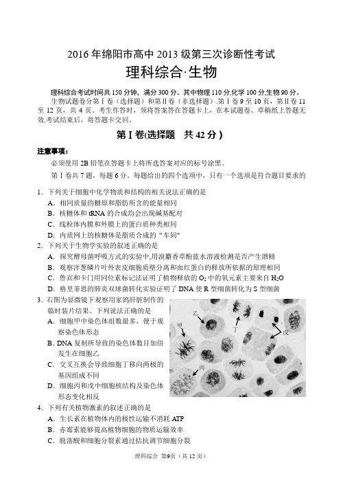 2016年4月绵阳市高中2013级第三次诊断性考试理科综合生物试题及答案