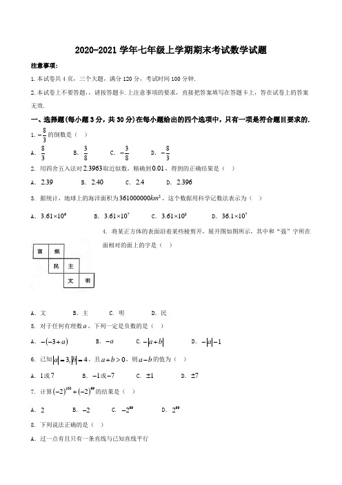 2020-2021学年七年级上学期期末考试数学试题(含答案)