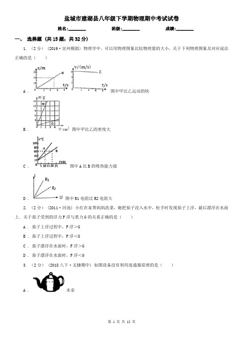 盐城市建湖县八年级下学期物理期中考试试卷