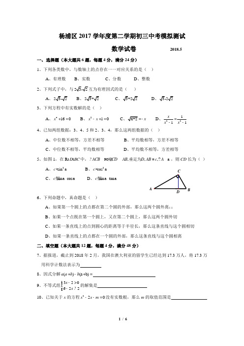 2018上海市杨浦区第二学期初三模拟测试