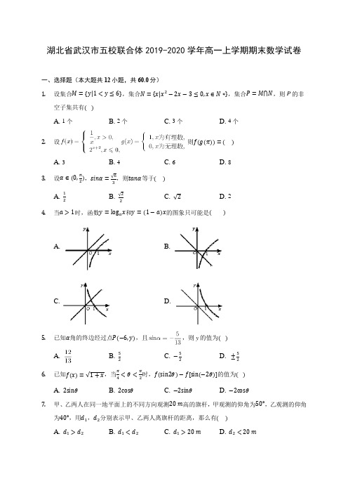 湖北省武汉市五校联合体2019-2020学年高一上学期期末数学试卷 (有解析)