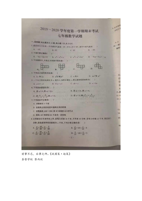 2019-2020学年湖北省武汉市洪山区上期七年级期末数学试卷(图片版无答案)