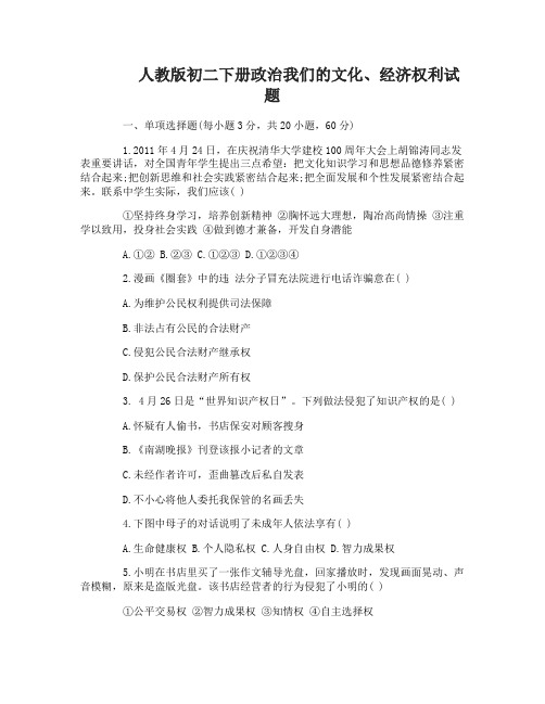 人教版初二下册政治我们的文化经济权利试题及答案