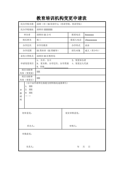 教育培训机构变更申请表(样表)