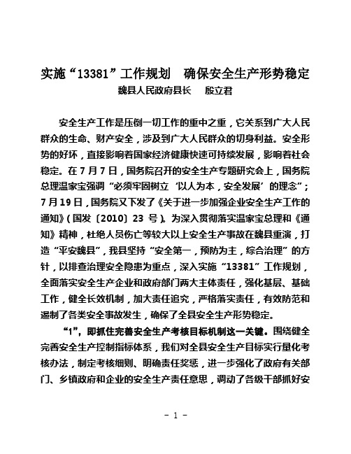 实施“13381”工作规划  推动安全生产科学发展