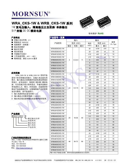 MORNSUN WRB CS-1W系列电源模块Datasheet