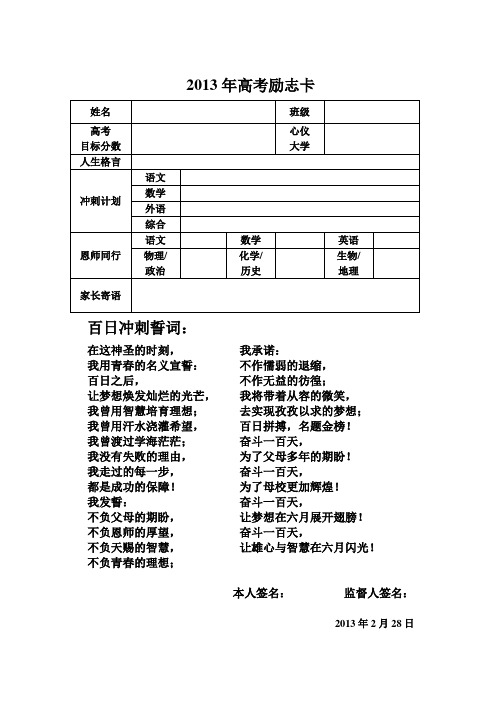 2013年高考百日冲刺励志卡