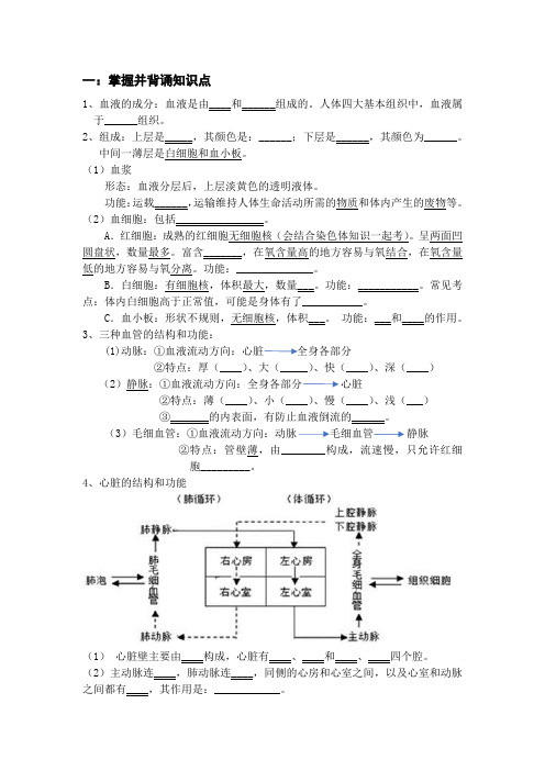 初中生物人教版七年级下册第四章《人体内物质的运输》知识点和习题