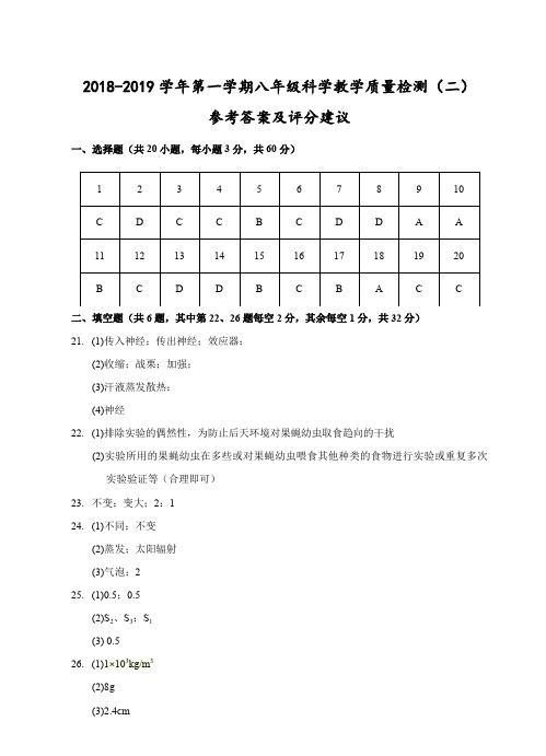 (杭州)2018-2019学年第一学期八年级科学教学质量检测(二)参考答案及评分建议