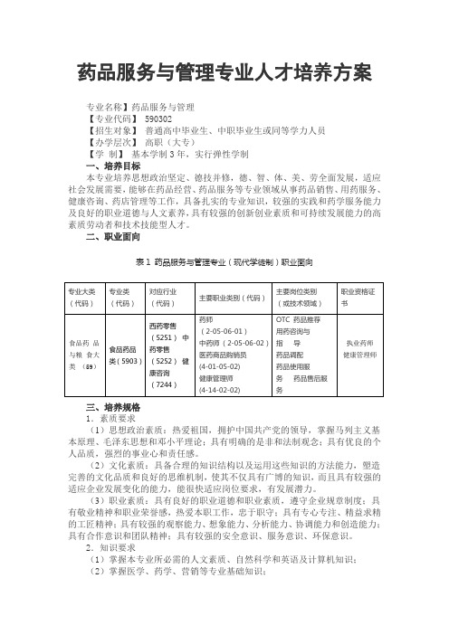 药品服务与管理专业人才培养方案