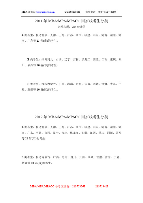 2011、2012年MBA MPA MPACC国家线分类