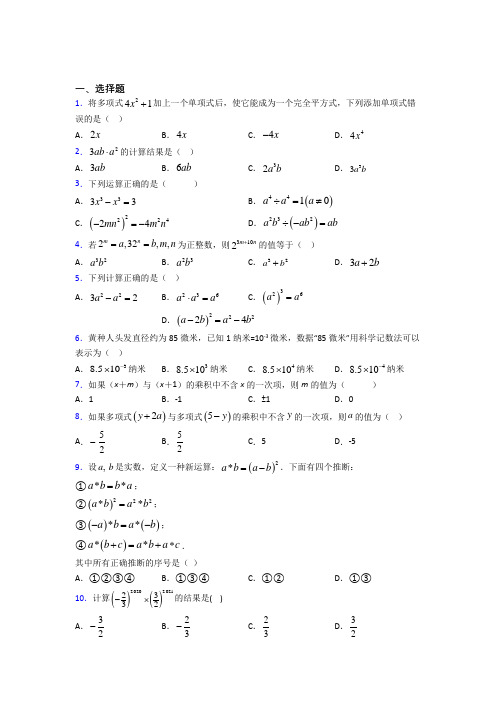 (必考题)初中数学七年级数学下册第一单元《整式的乘除》检测卷(含答案解析)(2)