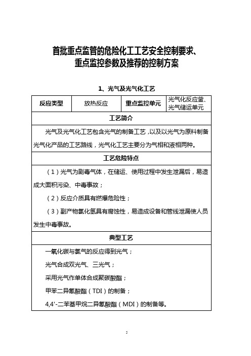 危险化工工艺安全控制要求重点监控参数及推荐的控制方案
