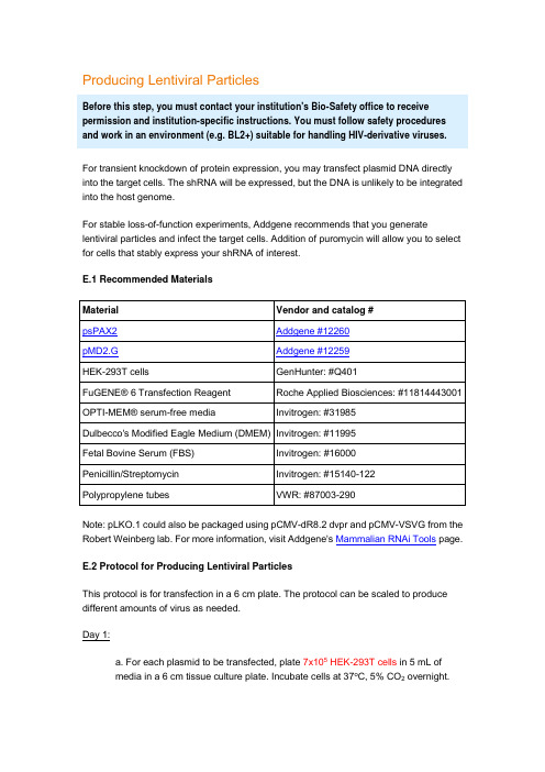Lentivirus protocol from Addgene