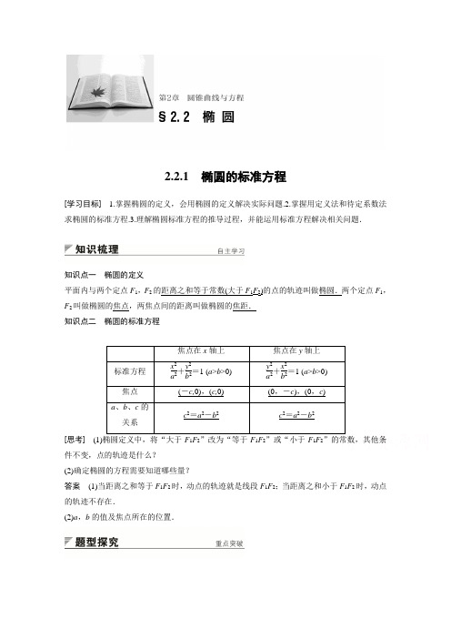 2018版高中数学苏教版选修1-1学案：第二章 2.2.1 椭圆的标准方程 Word版含答案