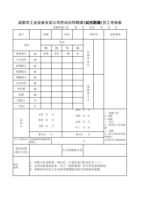 合同期满员工考核表