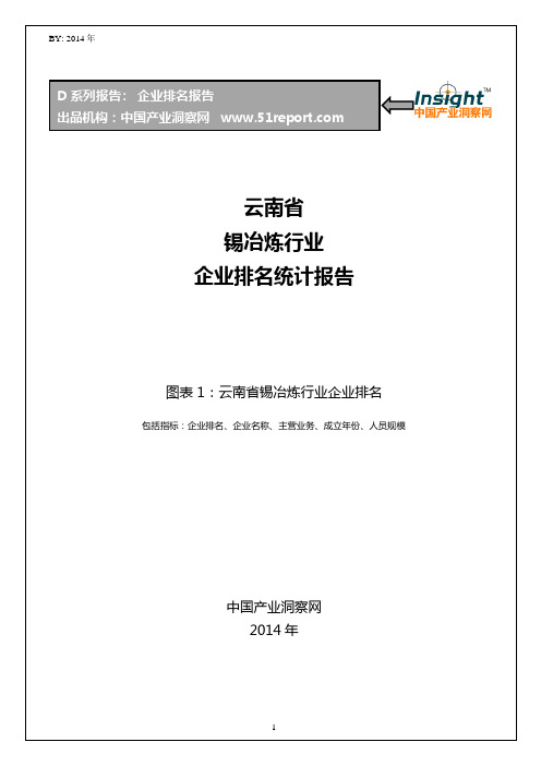云南省锡冶炼行业企业排名统计报告