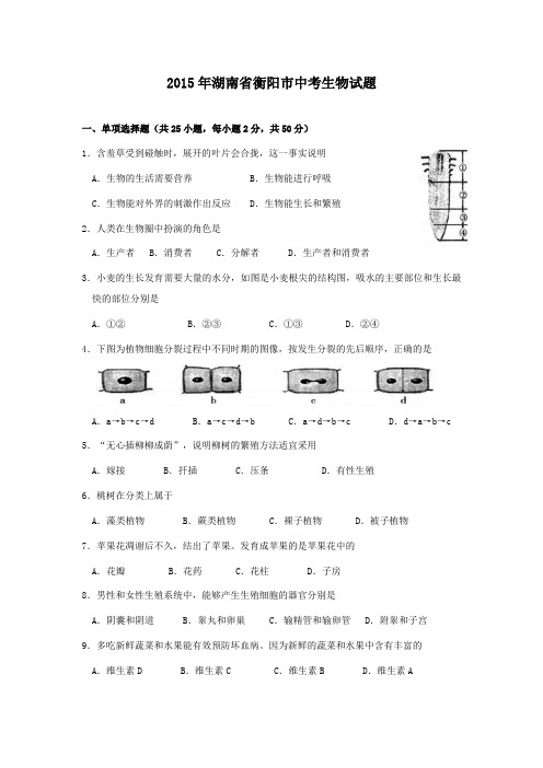 湖南衡阳2015年中考试卷及答案详解