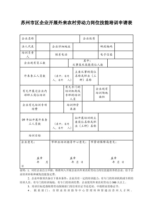 苏州市区企业开展外来农村劳动力岗位技能培训申请表